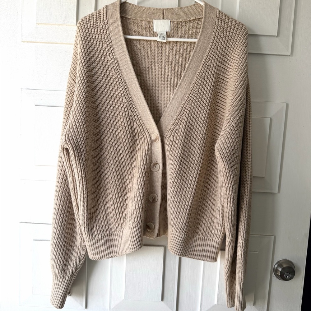 H&M Cream Ribbed V-Neck Button Cardigan